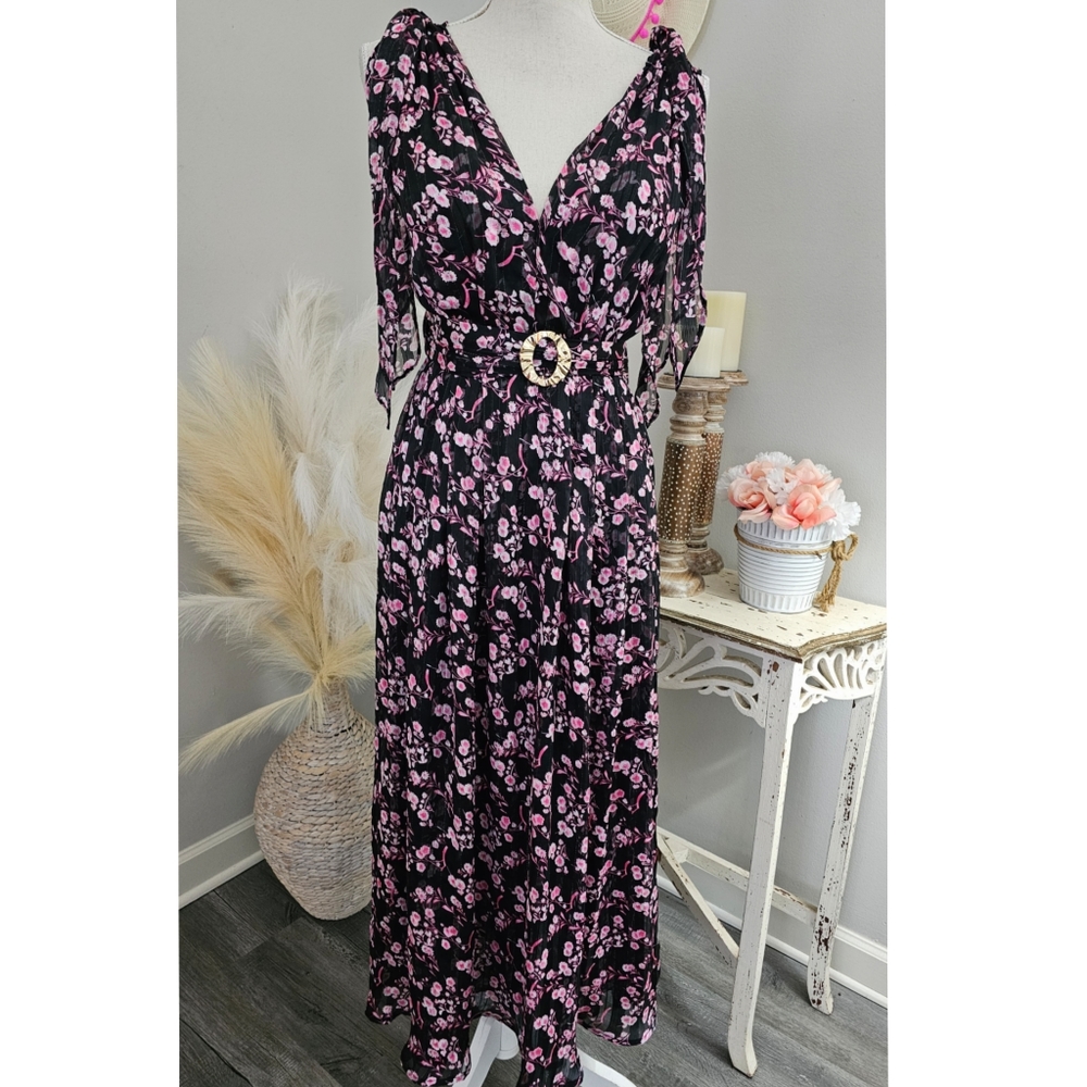 EUC Sabina Musayev Black Pink Metallic Floral Open Back Plunge V-Neck Maxi Dress
